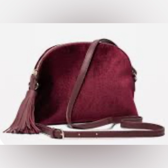 Old Navy Handbags - Old Navy Burgundy Velvet Crescent Crossbody w/ Tassel